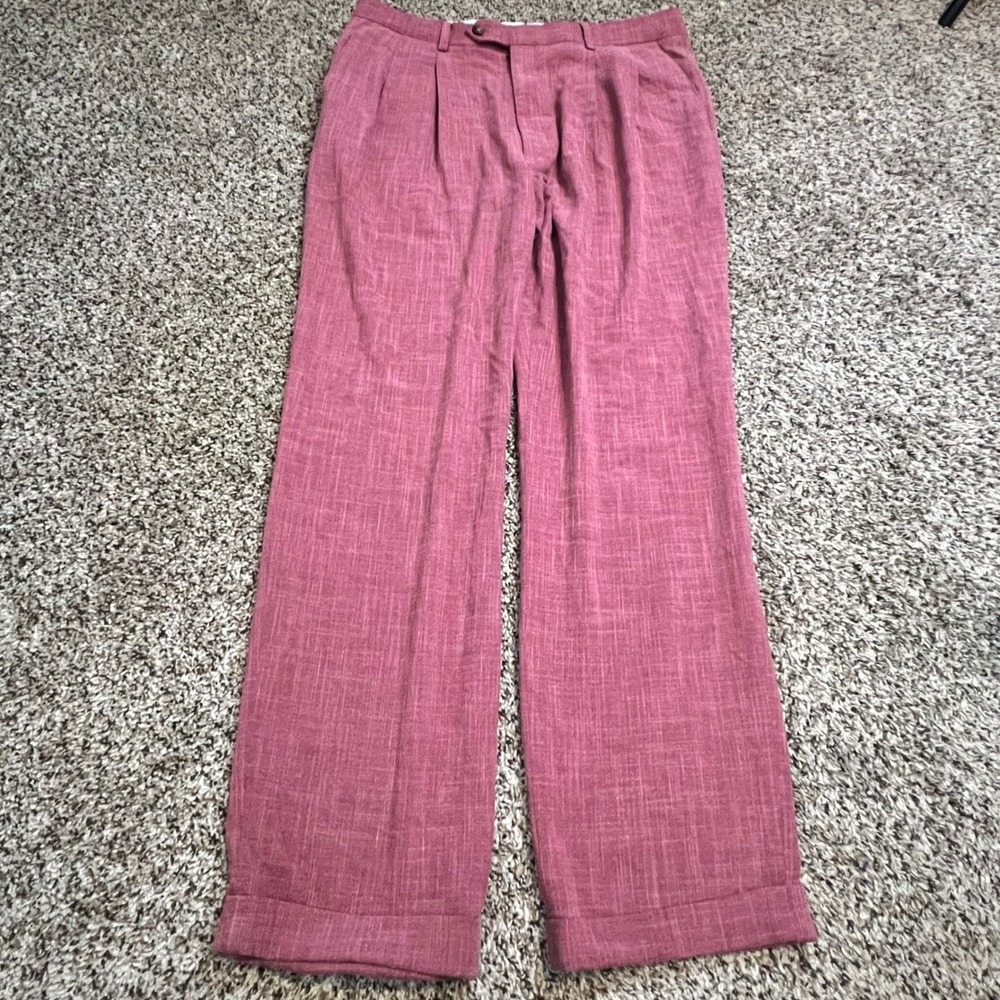 Ralph Lauren Mens Pleated Dress Pants Rose Pink Slub Texture Cuffed 34W x 32L